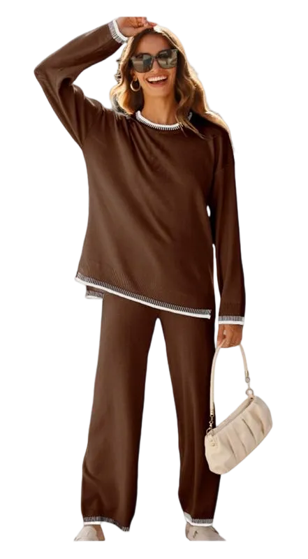 Chic Crew Neck Sweater & High Waist Loose Pants Casual Outfit