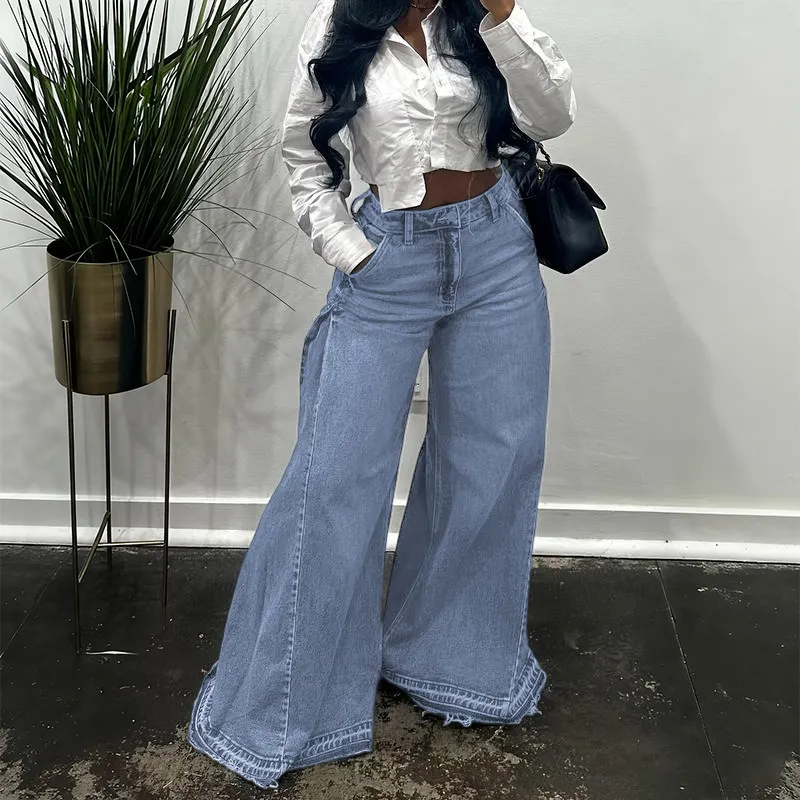Women Flared Wide Side Loose Jeans High Waist