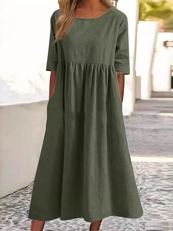 Pleated Pockets Solid Color A-Line Half Sleeves Round-Neck Midi Dresses