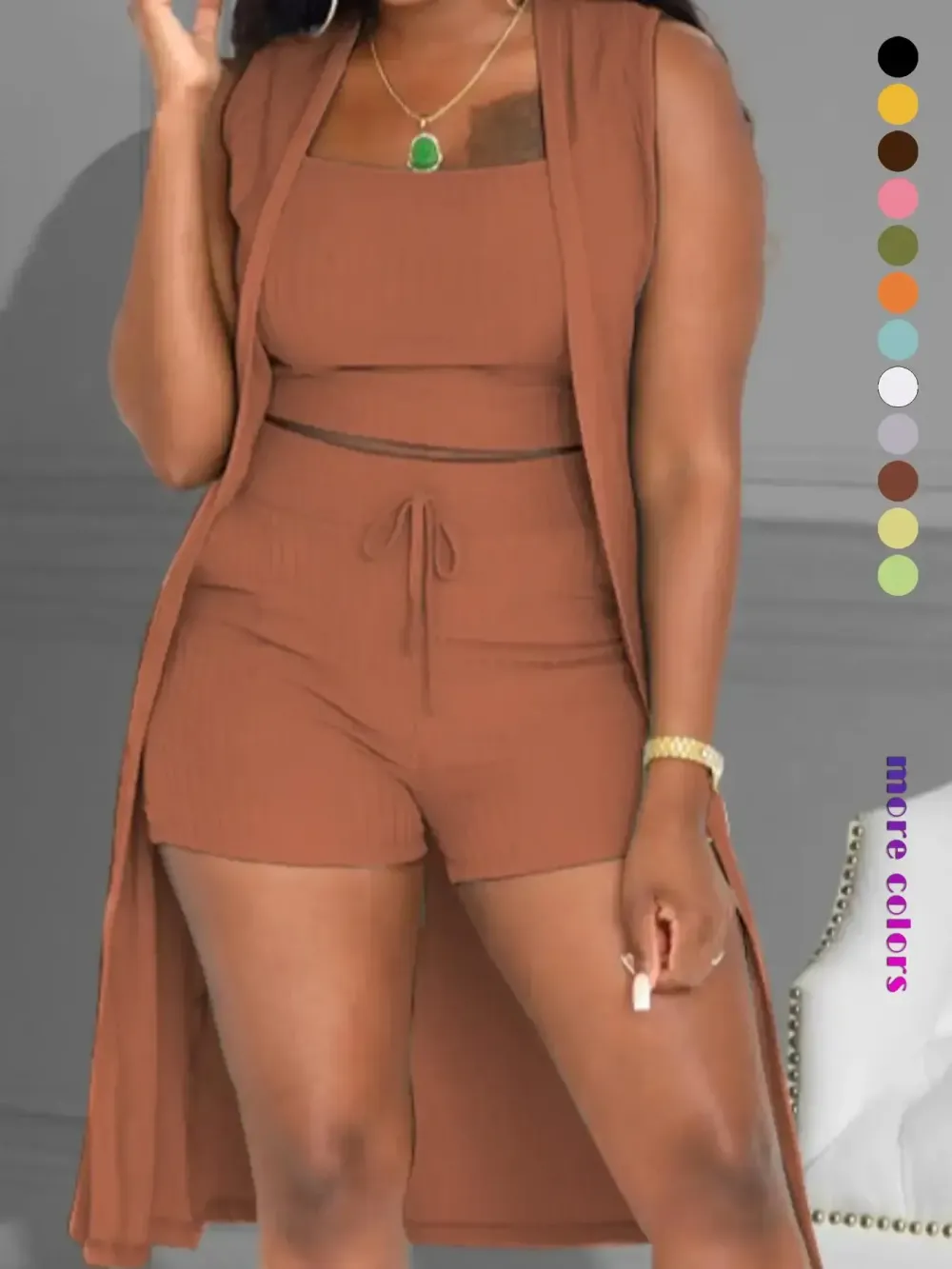 Three-Piece Set Women's Solid Ribbed Co-ord Set, Casual Crop Tank Top & Drawstring Waist Shorts & Vest Coat Set for Daily Wear