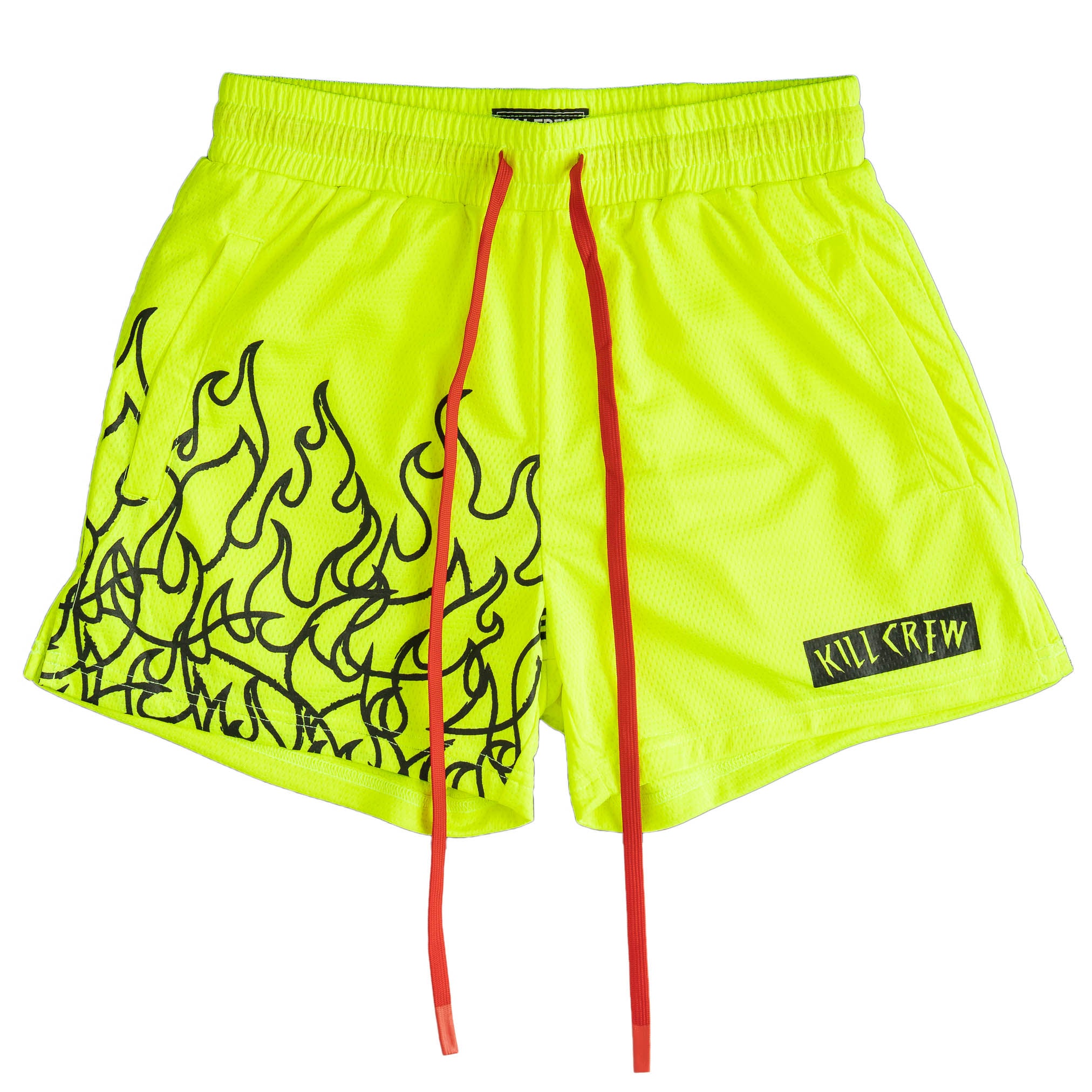 MUAY THAI FLAME SHORTS (MID THIGH CUT) - NEON YELLOW / BLACK