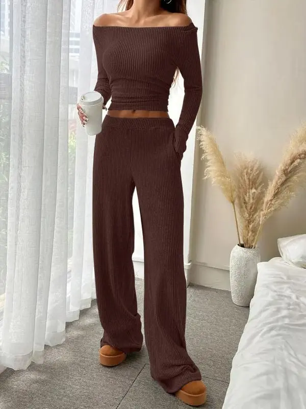 Women's Casual Striped Long Sleeve Top & Loose Pocket Pants Set