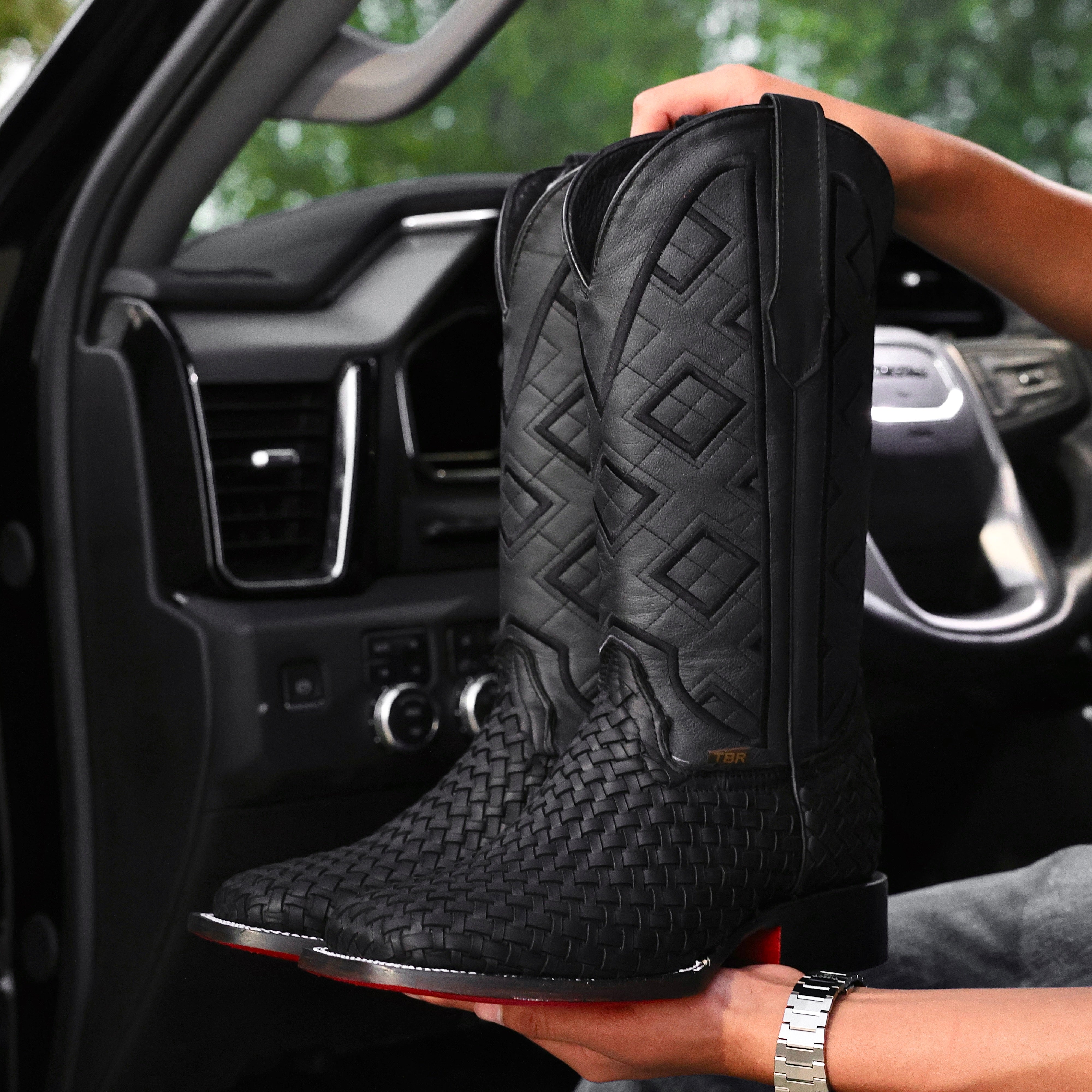 Black Basketweave Leather Boots- Square Toe