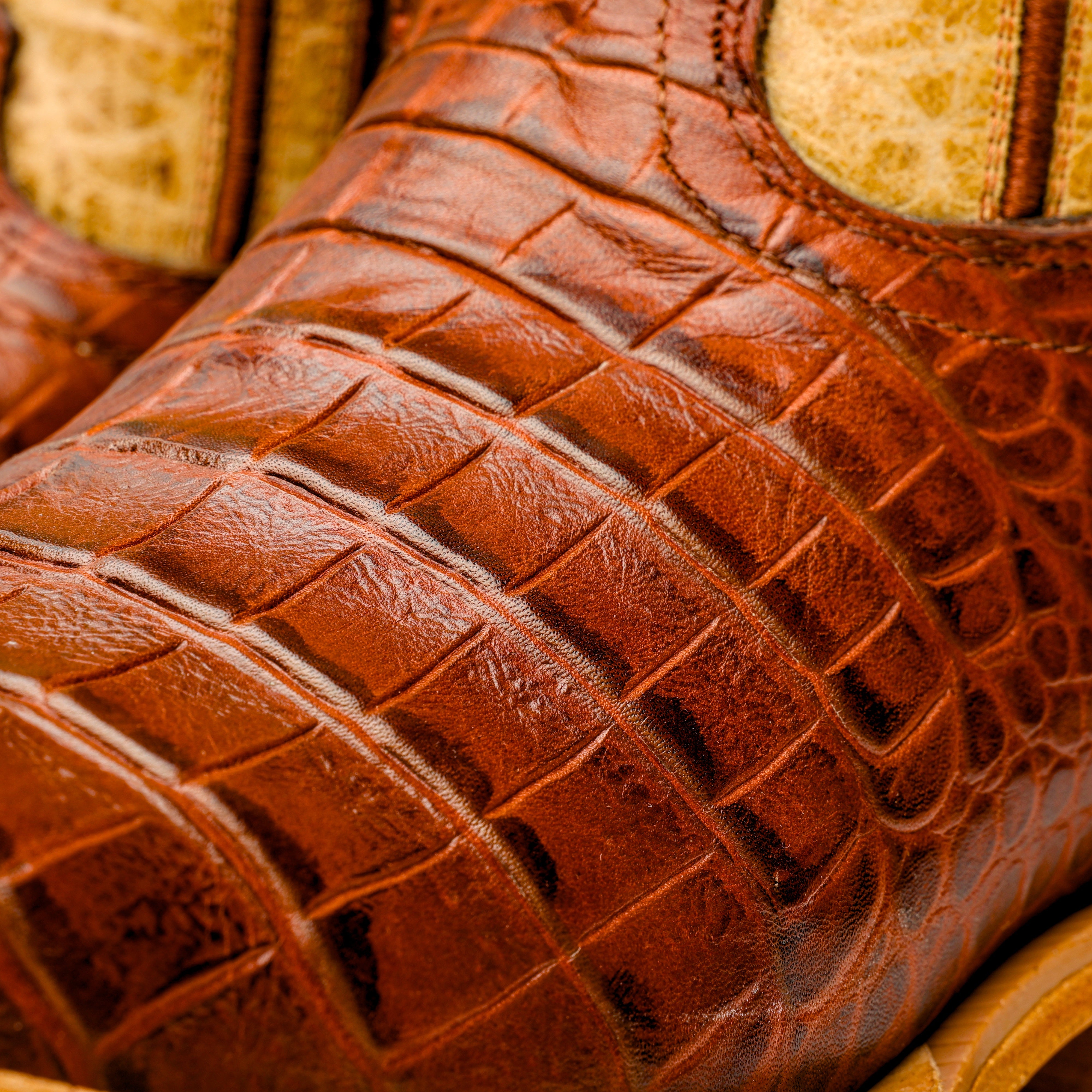 Cognac American Gator Belly Leather Boots - Square Toe
