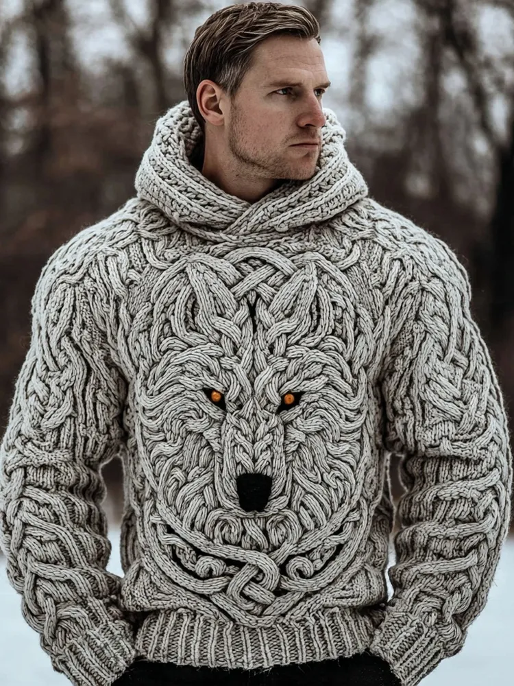Men's Viking Inspired Celtic Wolf Chunky Hooded Sweater