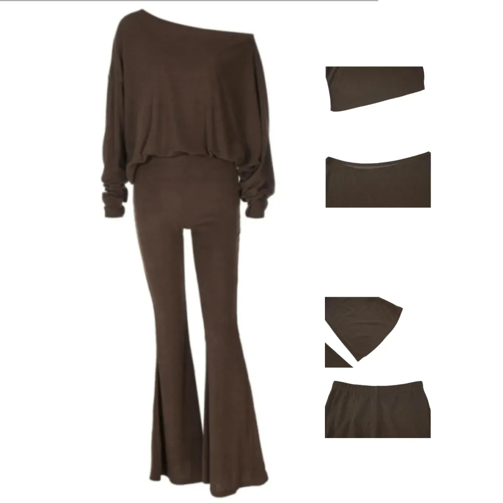Women's Solid Asymmetrical Neck Top & Flare Leg Pants Set