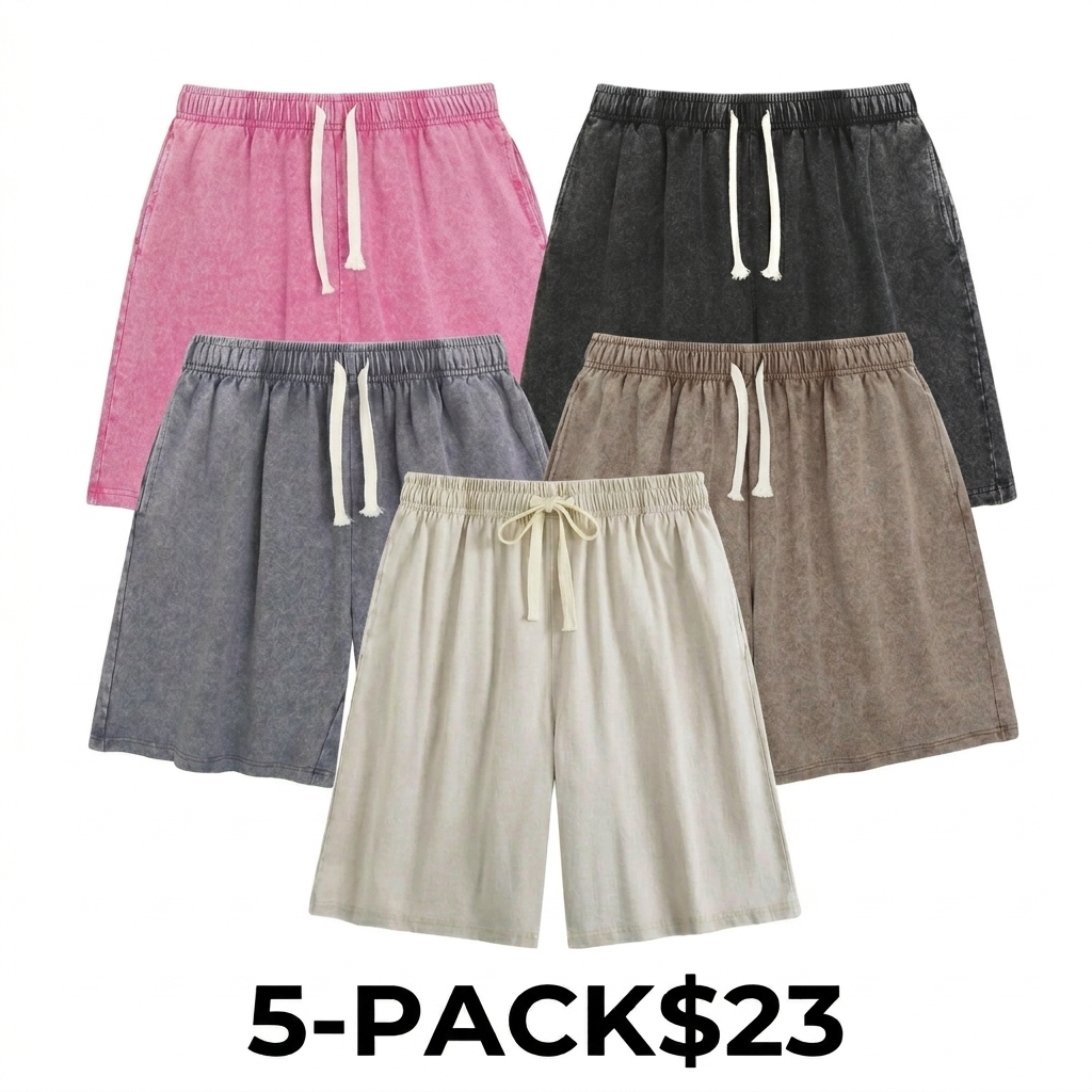 Unisex Acid Washed Cotton Shorts – Heavyweight Elastic Waist Streetwear Sweatpants