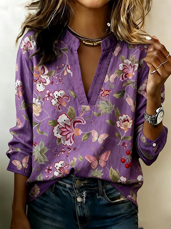 Women's Casual Retro Z'se Floral Cotton Linen Shirt