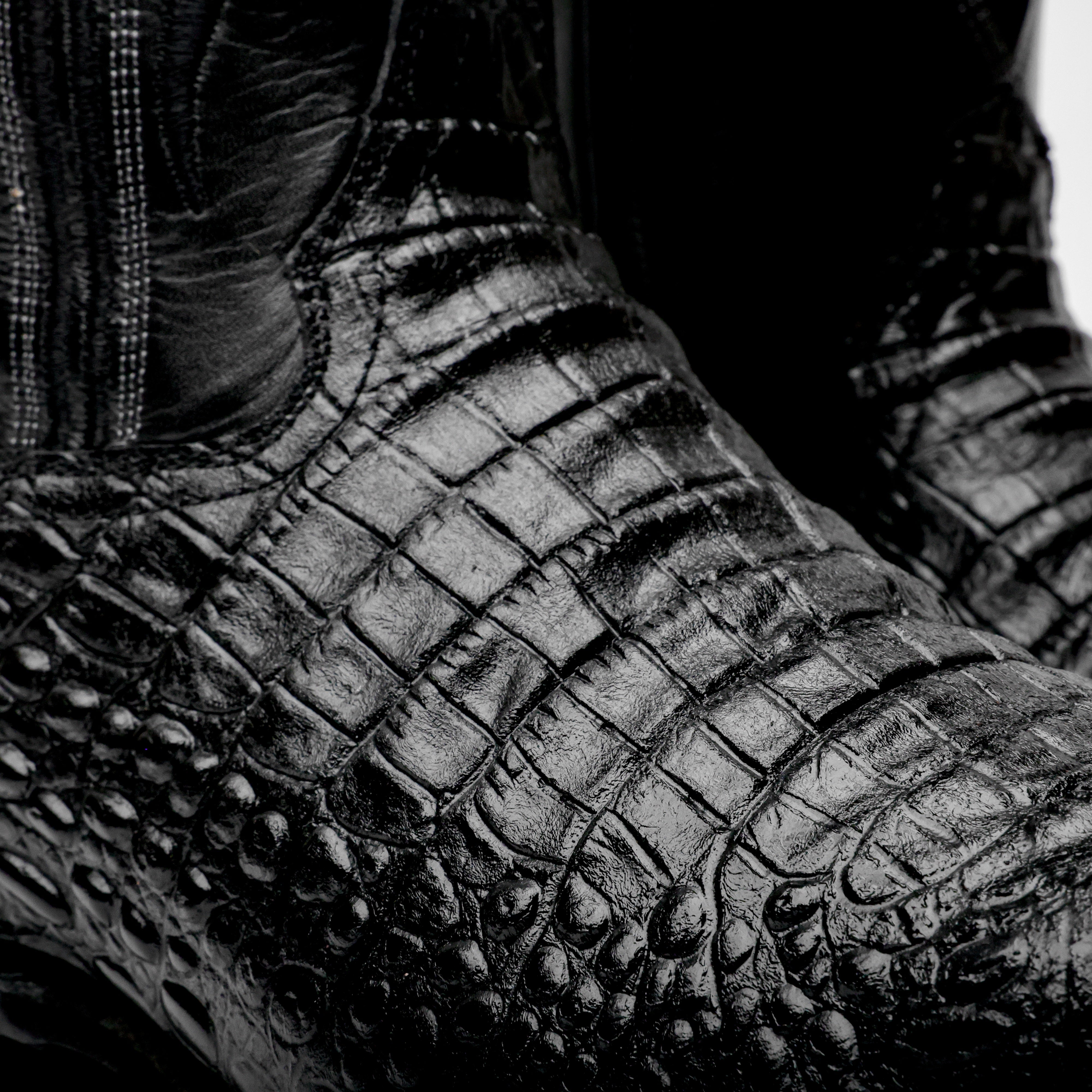 Total Black Caiman Belly Leather Boots - Square Toe