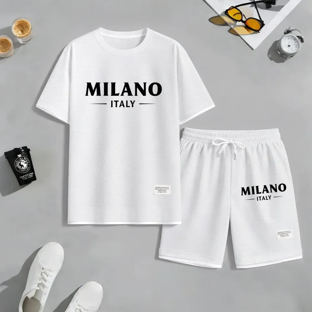 Men's Polo Print Drawstring Shorts Set For Spring/Summer. A Casual Summer Outfit, Including A Short-Sleeved Shirt And Shorts