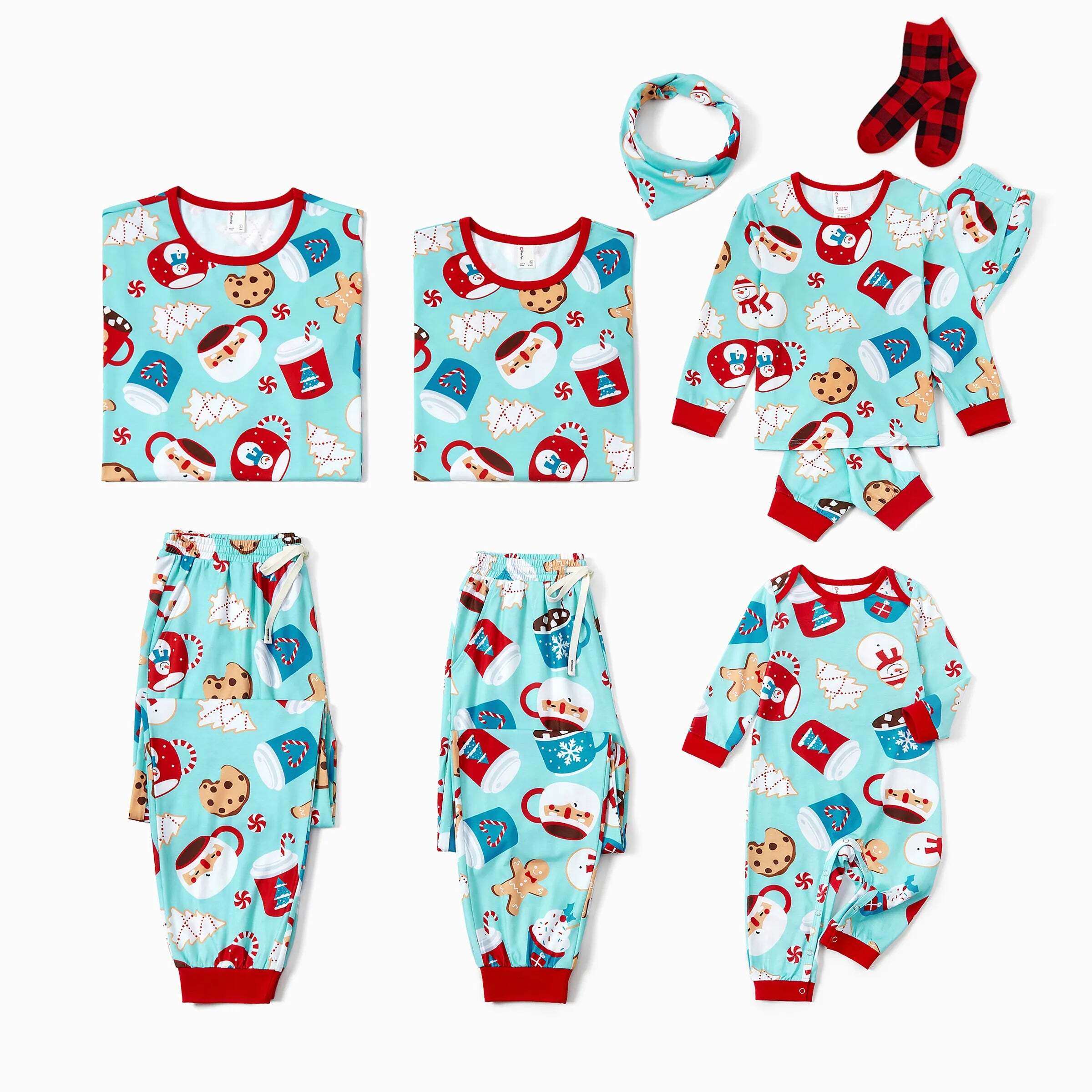 Christmas Matching Family Pajamas Set Gingerbread Print Blue and Red PJS with Christmas Socks Light Blue