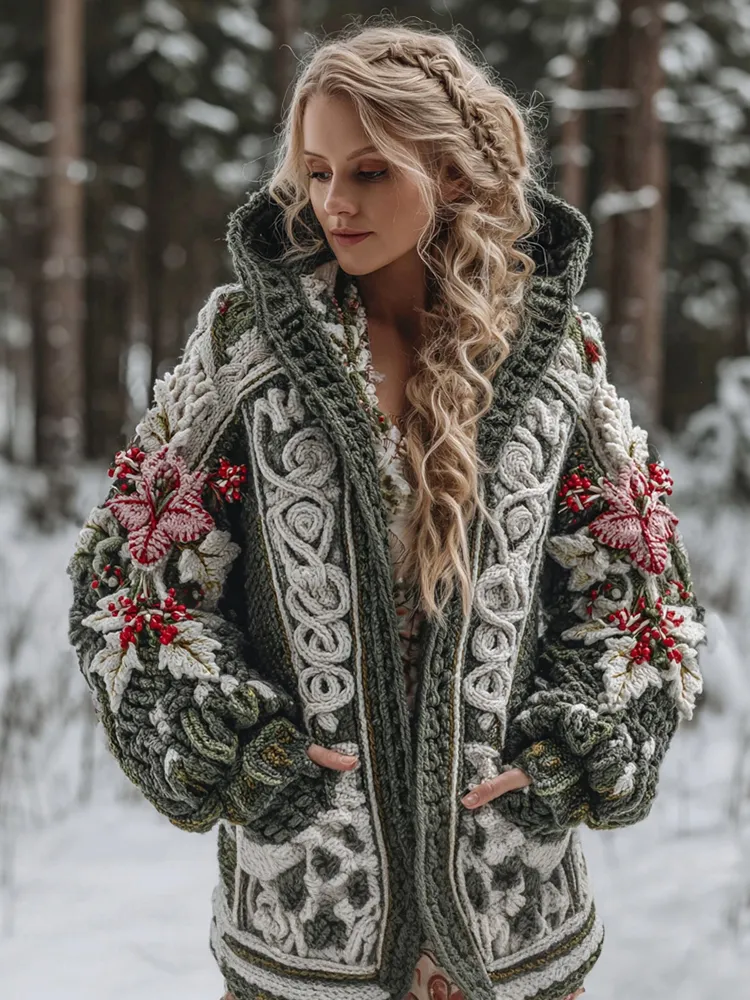 Women's Celtic Knot Christmas Flower Jacquard Button Chunky Hooded Sweater