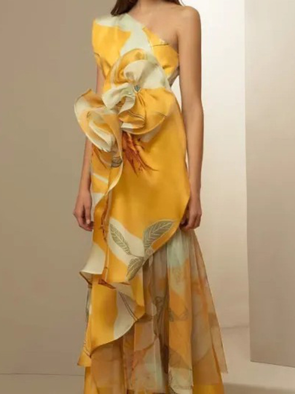 Flower Printed Off-The-Shoulder Sleeveless Asymmetric Satin Evening Maxi Dresses