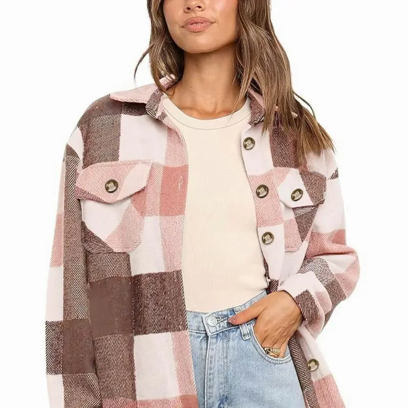 Womens Plus Size Shacket Jacket Flannel Plaid Long Sleeve