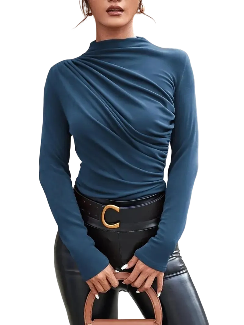 Women's solid color pleated turtleneck T-shirt