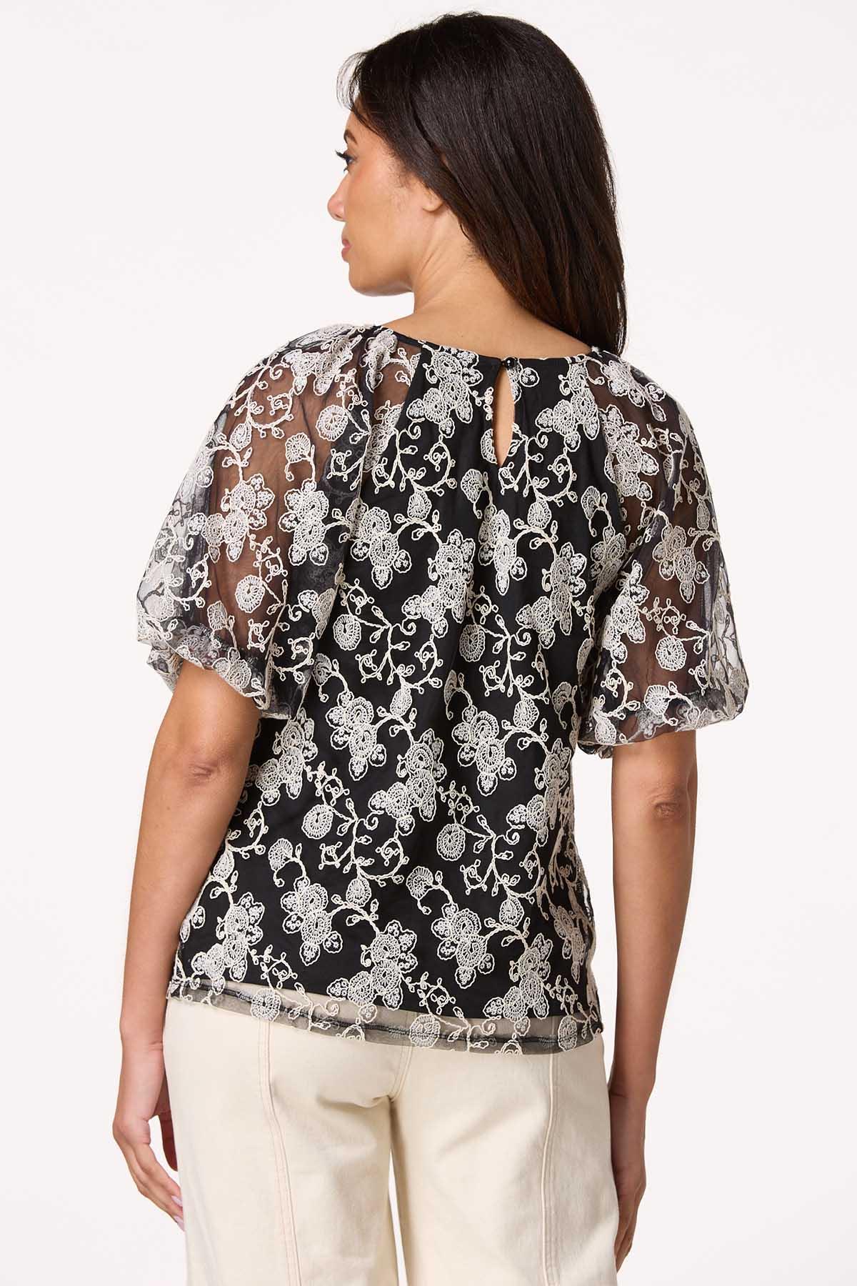 Black White Embroidered Floral Top