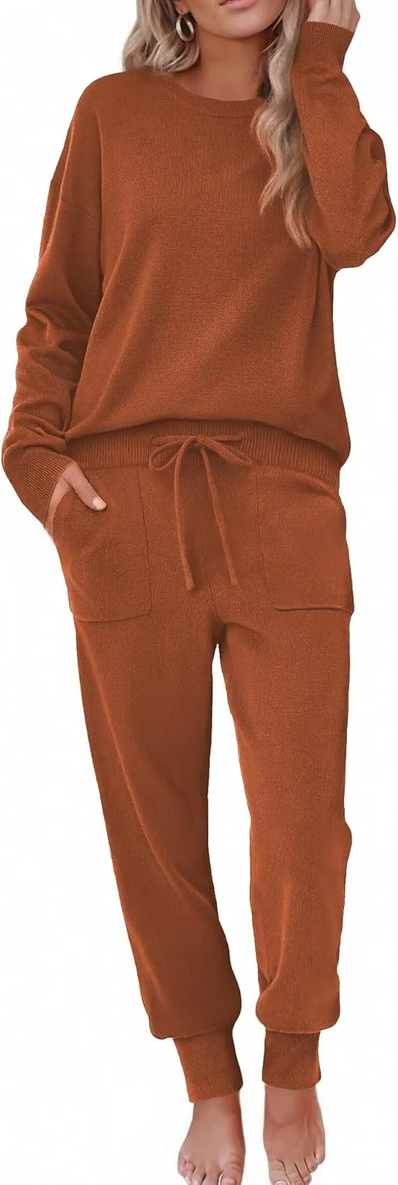 Women's Long Sleeve Knit Loungewear Set Jogger Pants Outfit