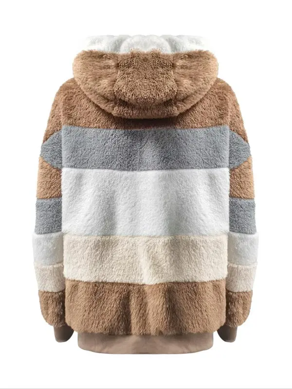 Women's Colorblock Drop Shoulder Hooded Polar Fleece Coat