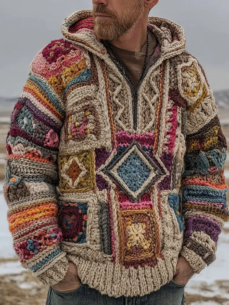 Men's Fair Isle Geometric Crochet Jacquard Warm Half-zip Hooded Sweater