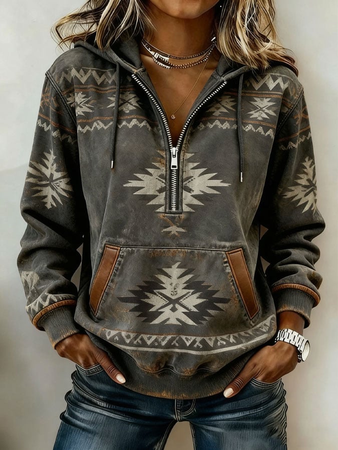Women's Casual Retro Western Print Zip-Up Sweatshirt