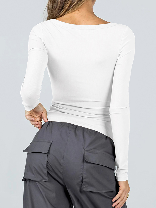 Solid Color Long Sleeves Skinny U-Neck T-Shirts Tops