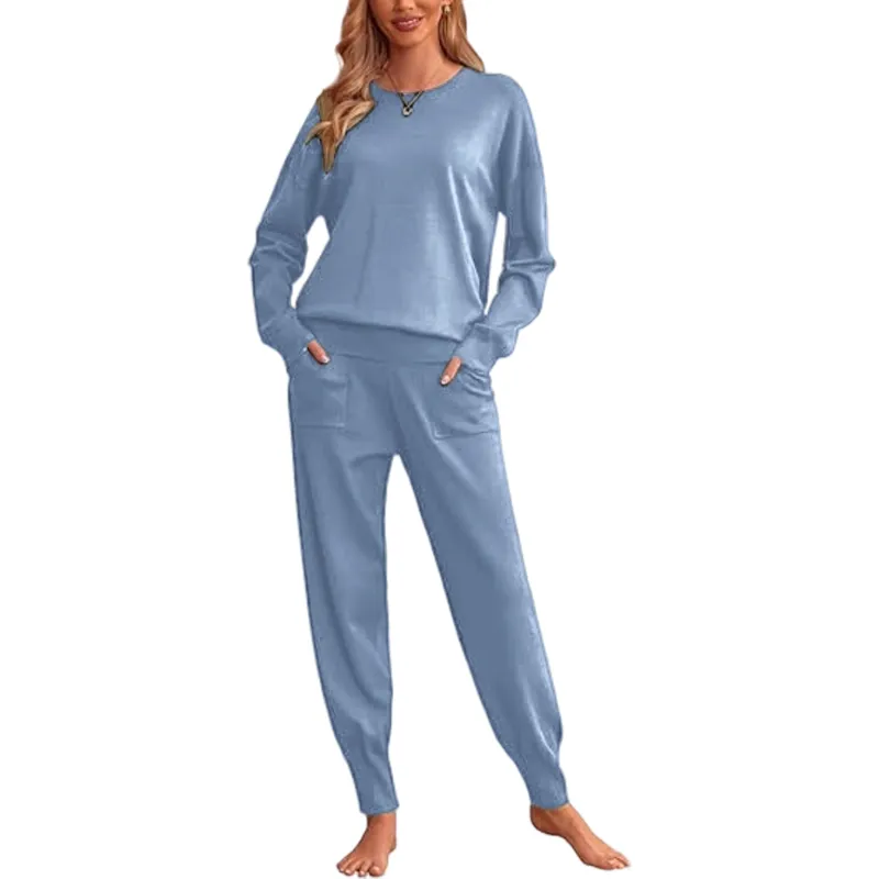 Women's Long Sleeve Knit Loungewear Set Jogger Pants Outfit