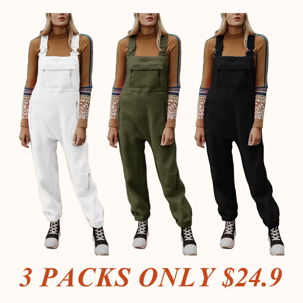 Women's Fleece Warm Overalls Winter Loose Casual Jumpsuits with Pockets