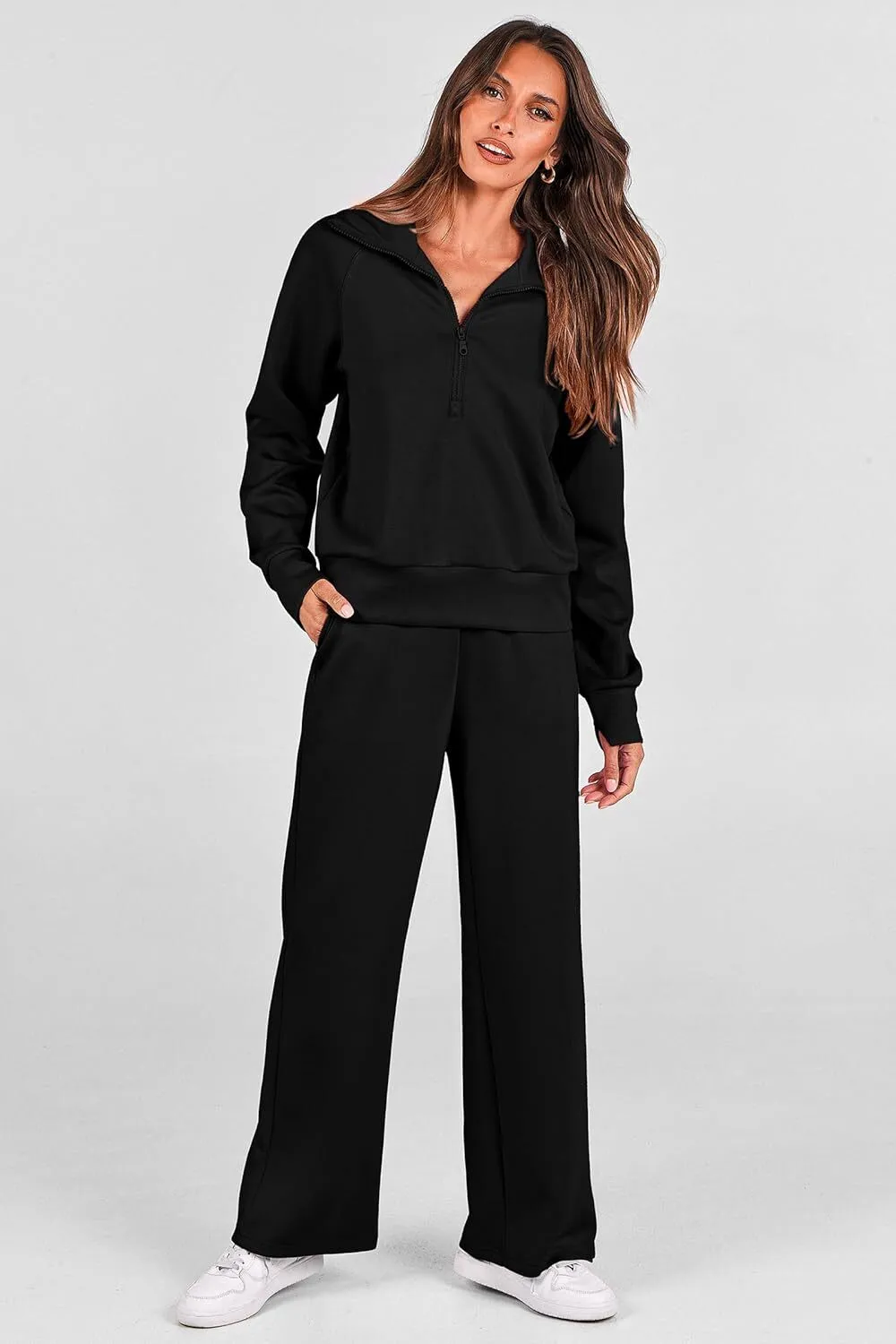🔥Final Day Clearance!🛒Women's 2 Piece Outfits Casual Lapel Half Zip Sweatshirts And Wide Leg Pants Tracksuit Sets🔥8-PACK ONLY $28🔥