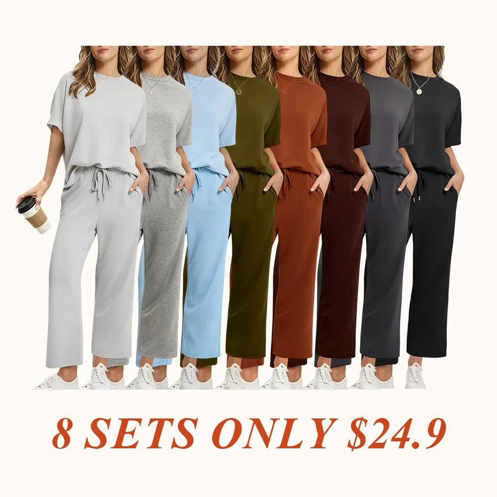 Two Piece Sets for Women Summer Outfits Oversized Wide Leg Crop Pants Lounge Sets