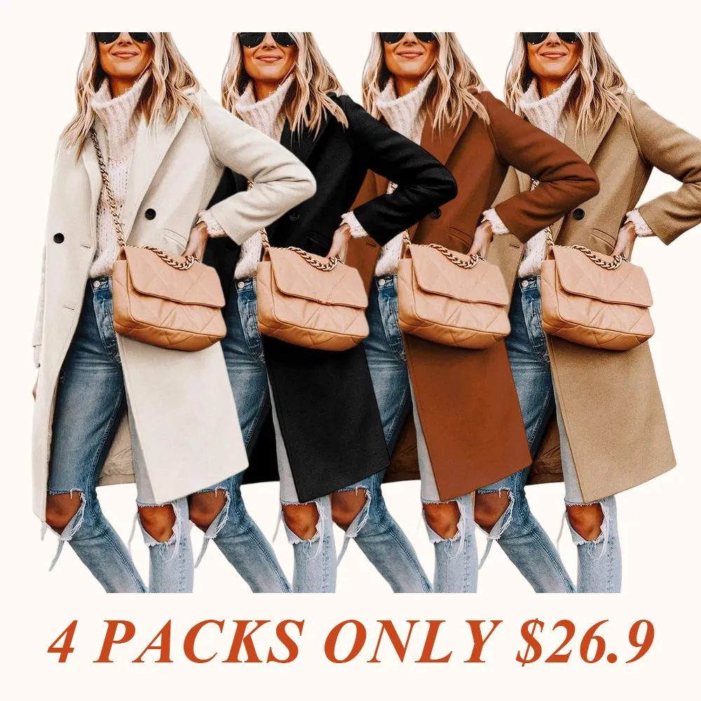 Women's Winter Notch Lapel Double Breasted Wool Blend Mid Long Pea Trench Coat