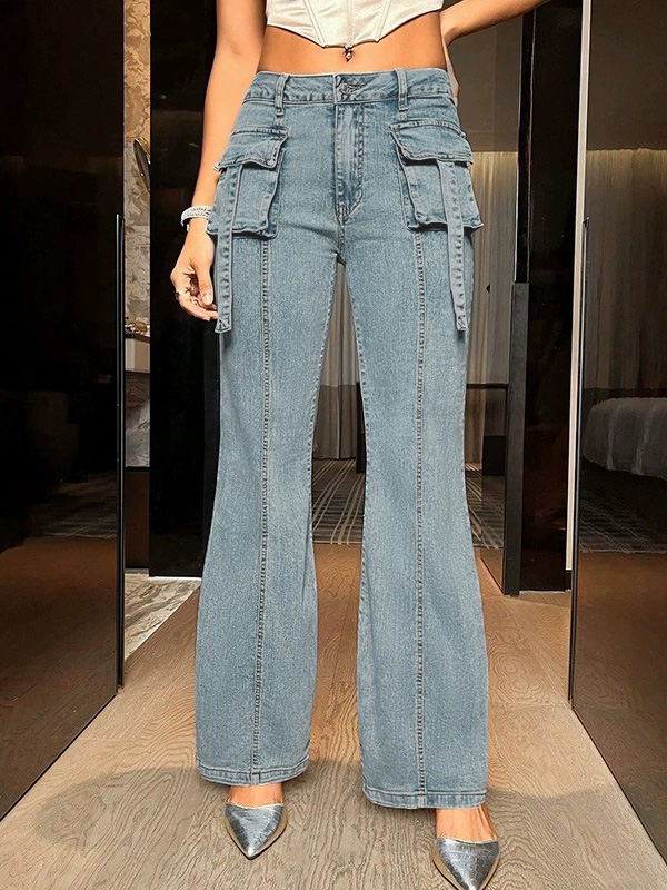 Pockets Split-Joint Streamer Straight Leg Jean Pants Bottoms