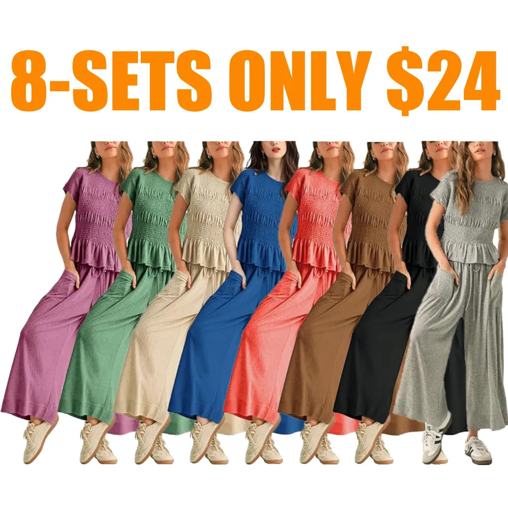Womens 2 Piece Smocked Top Wide-Leg Pants Set
