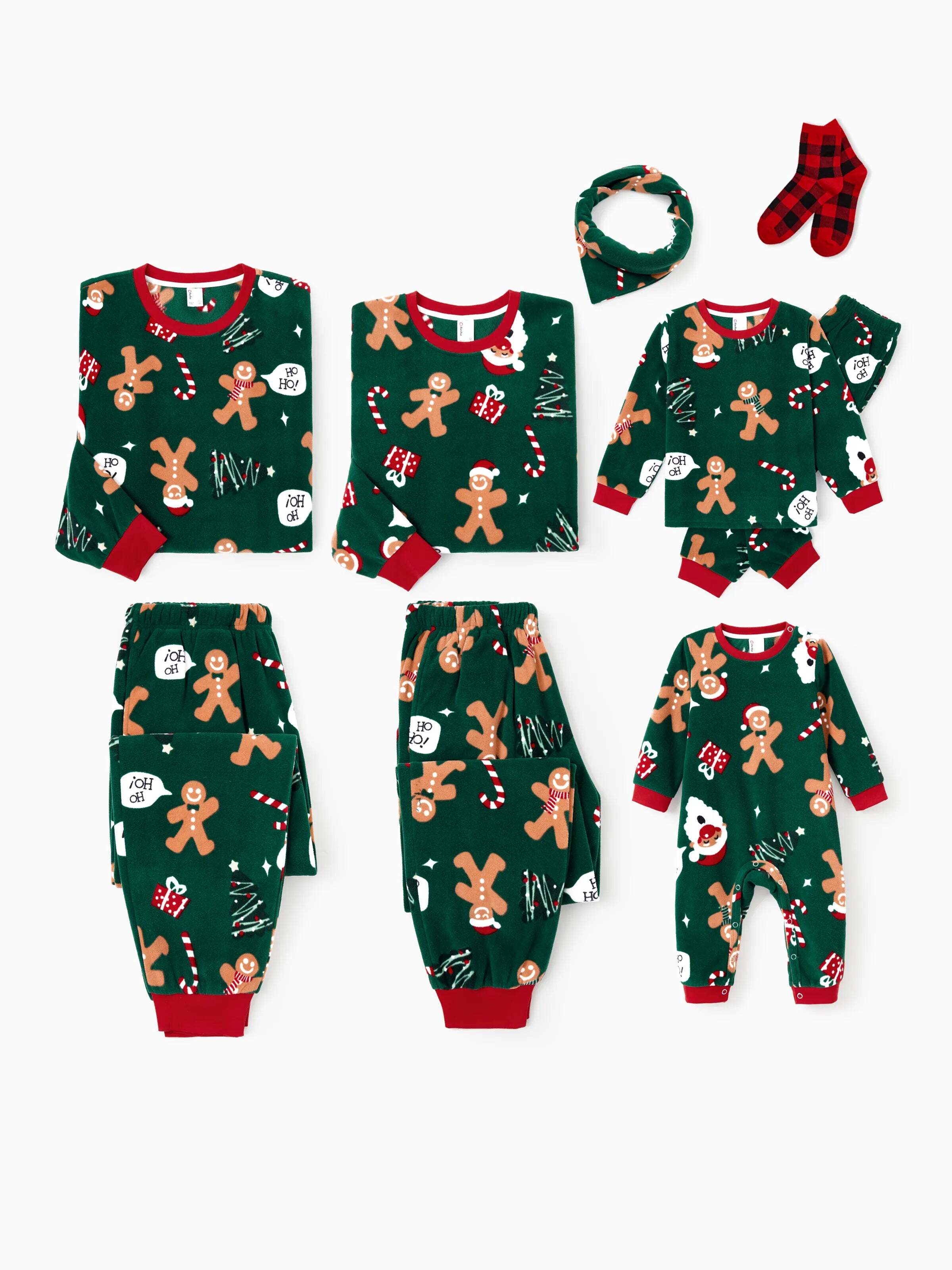 Christmas Pajamas Family Matching Fleece Gingerbread Man Long Sleeves Pajamas Sets with Christmas Socks Dark Green
