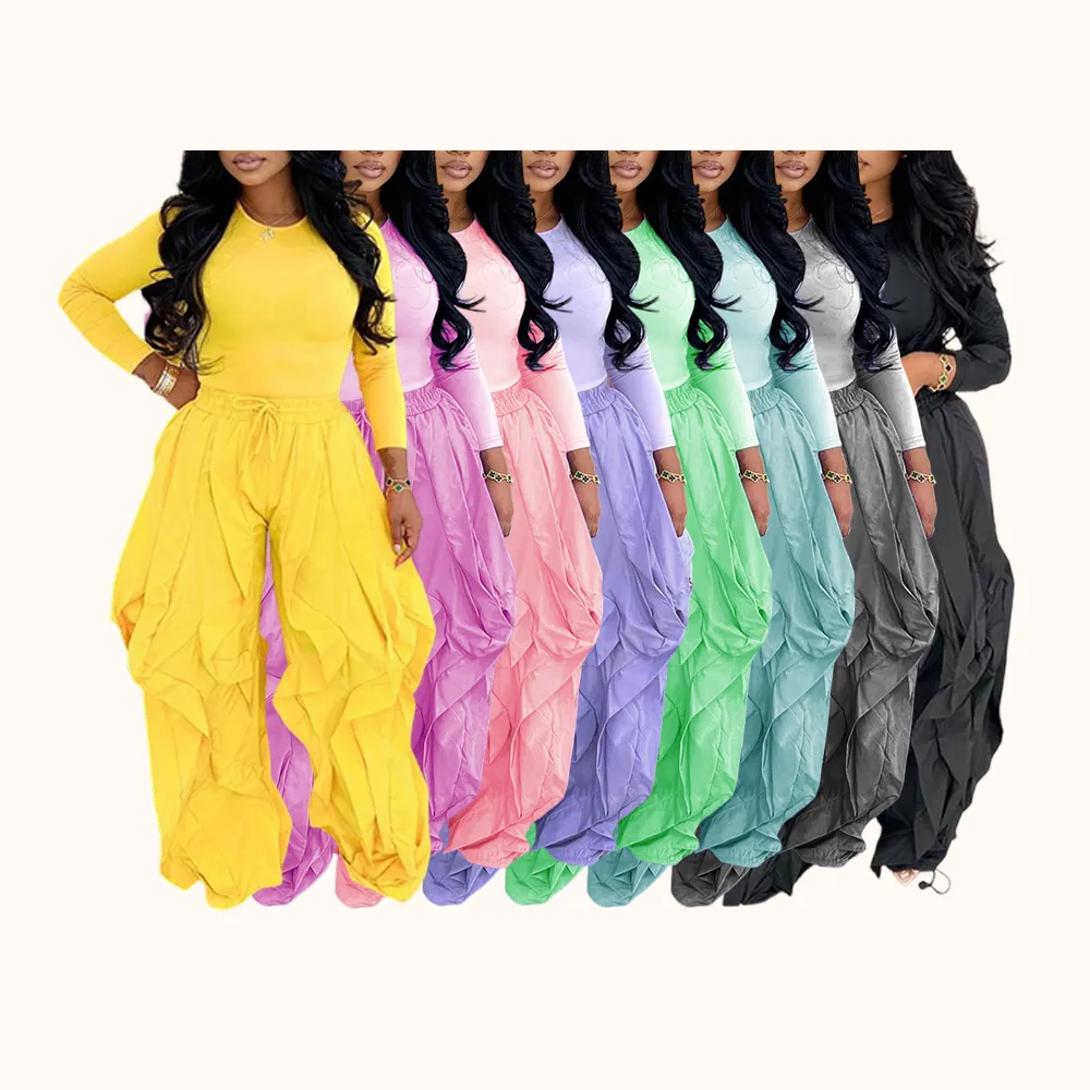 Women's Slim-Fitting Top & Wide-Leg Patchwork Ruffle Pants Set