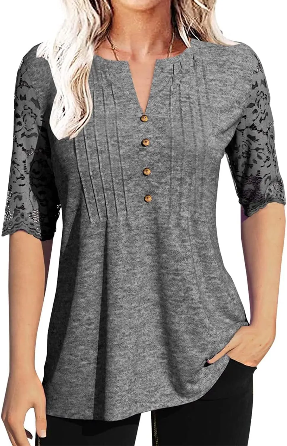Women's Lace Sleeve Summer T-Shirt V-Neck Botton Up Basic Solid Color Casual Tunic Tops