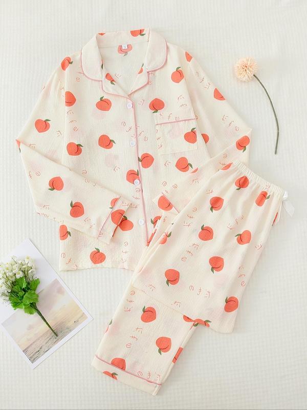 Women's Button Front Blouse & Bow Front Contrast Binding Pants Pyjama Set, Casual Long Sleeve Lapel Top & Trousers, Summer Outfits 2024, Sleepwear for Spring & Fall, National Day Offers