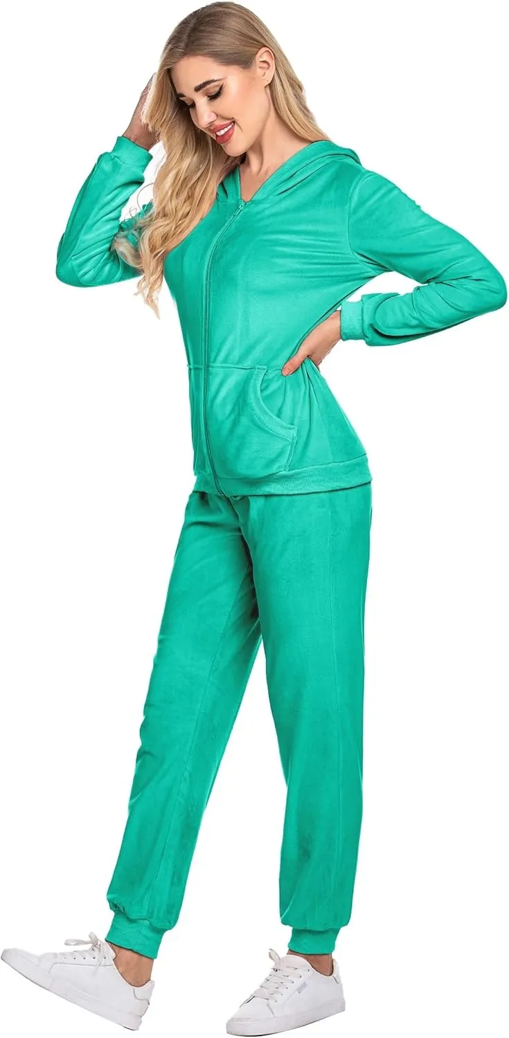 Women's Casual Velour Tracksuit Set Full Zipper Hoodie