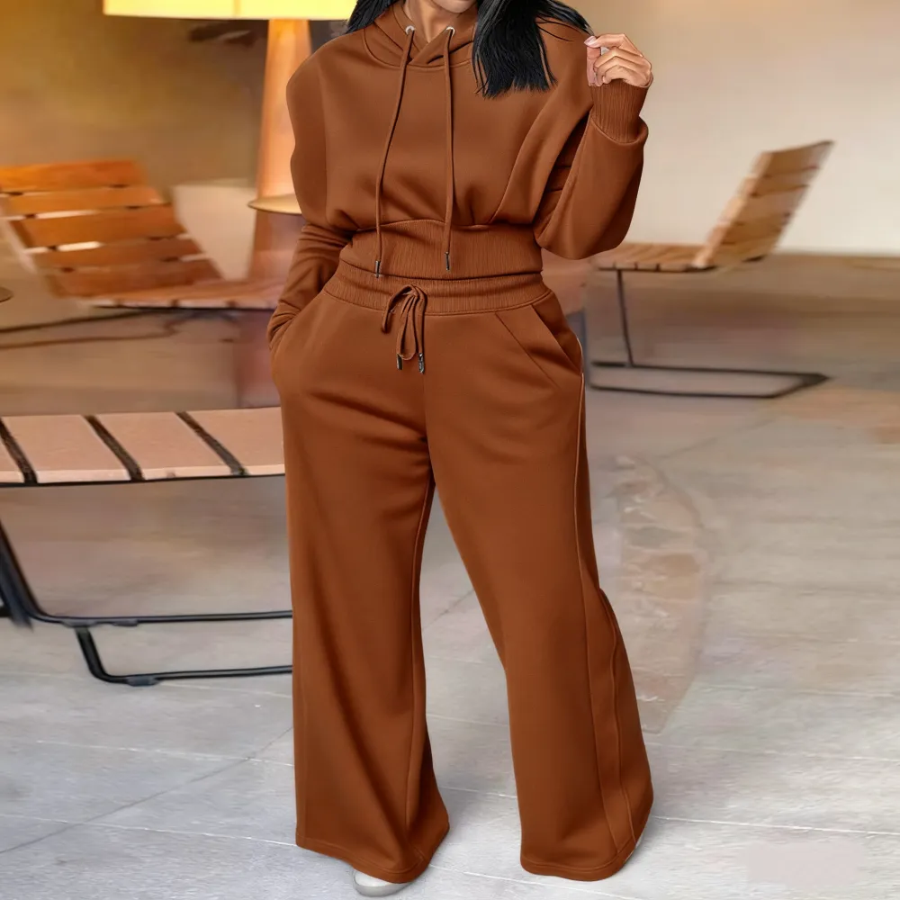 Hooded Long Sleeve Sweatshirt and Casual Wide Leg Sweatpants Set