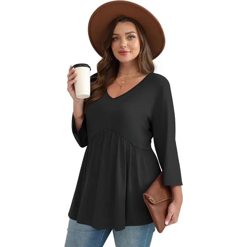 3/4 Length Sleeve Womens Tops 2025 Blouses for Women Dressy Casual Fashion Clothing V Neck Babydoll Tops Fall Outfits