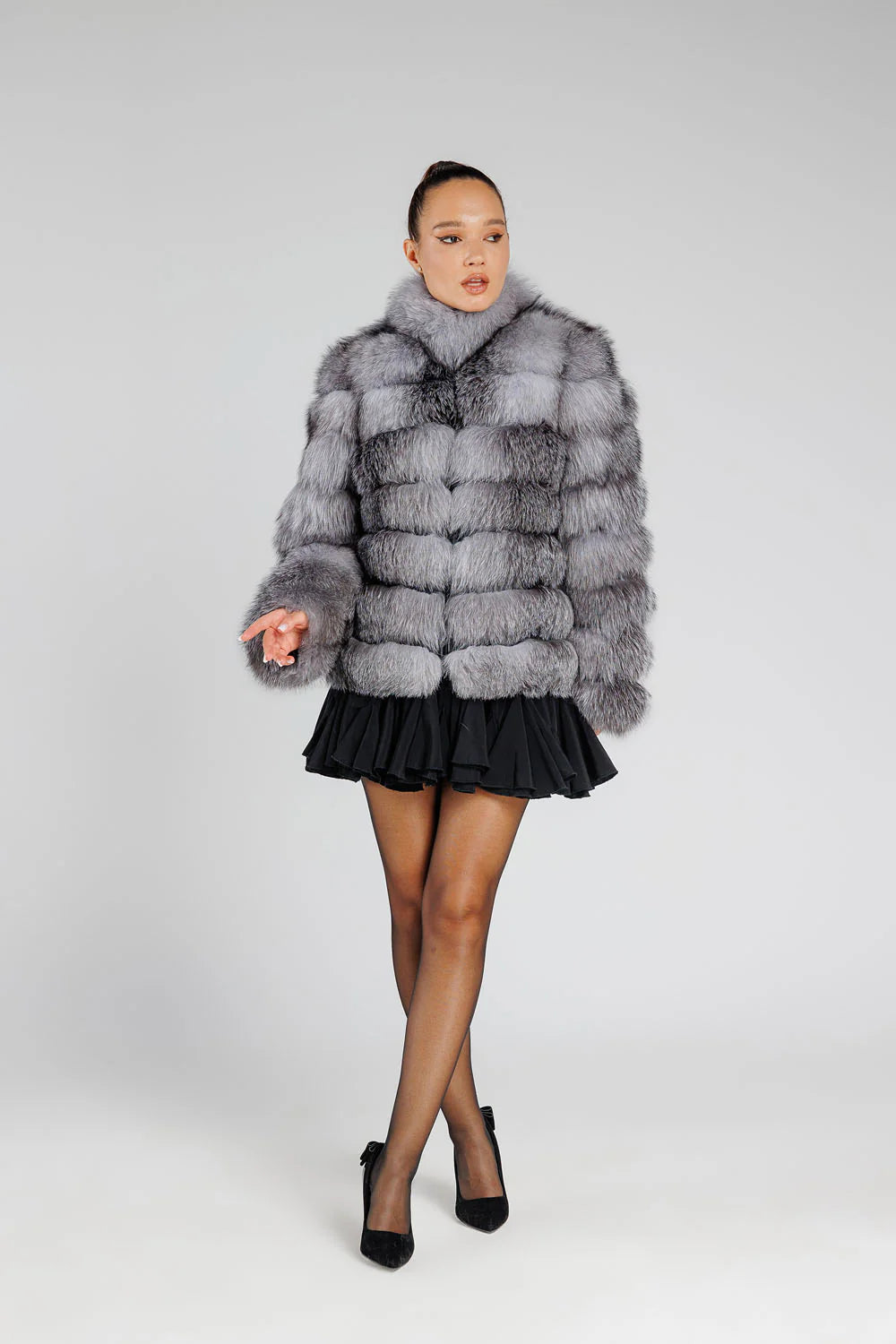 Haină din Blană Naturală de Vulpe, Guler Tunică, Transformabilă, Femei, Grey Frost 372