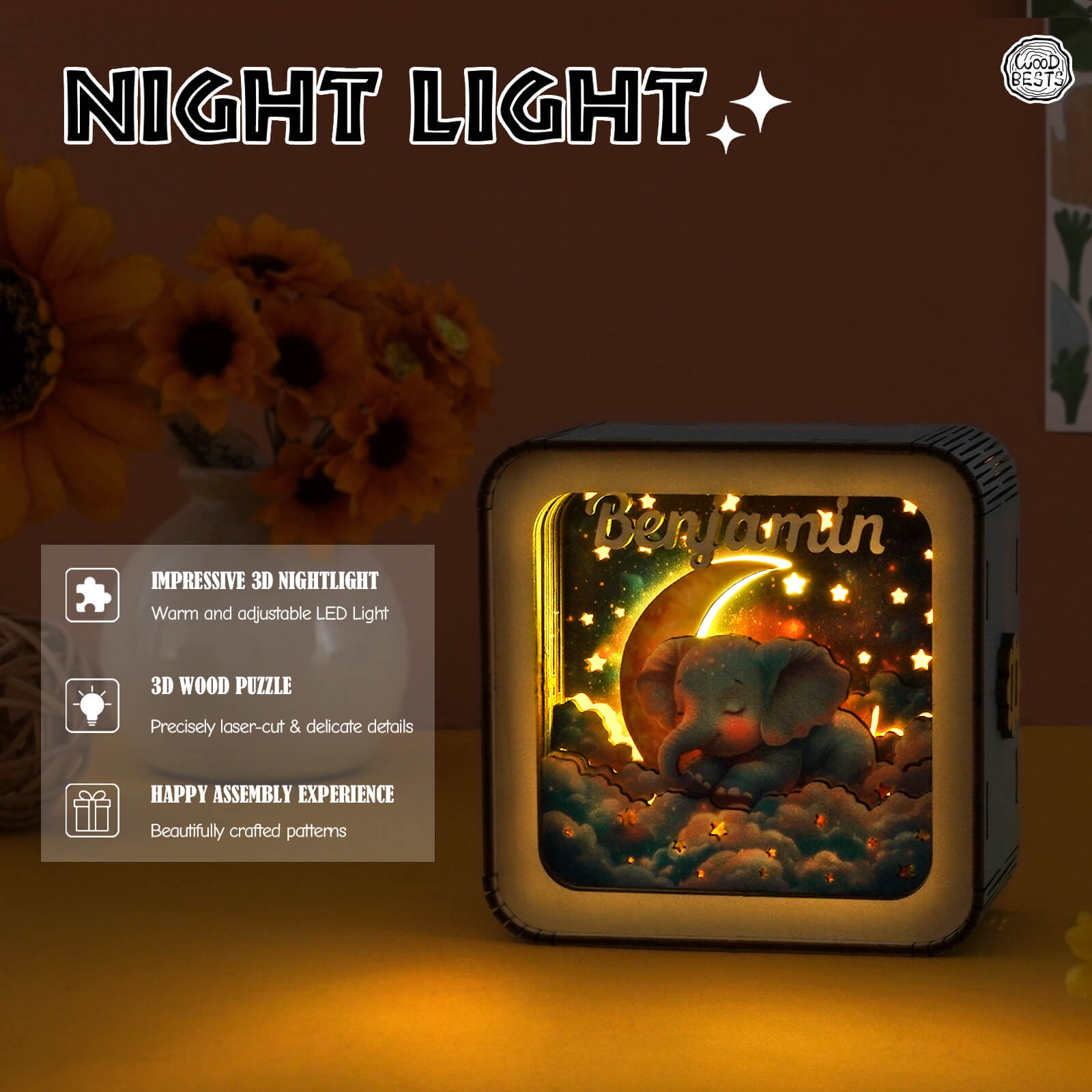 Dream Elephant 2 Kit - Personalized 3D Wooden Puzzle Night Light