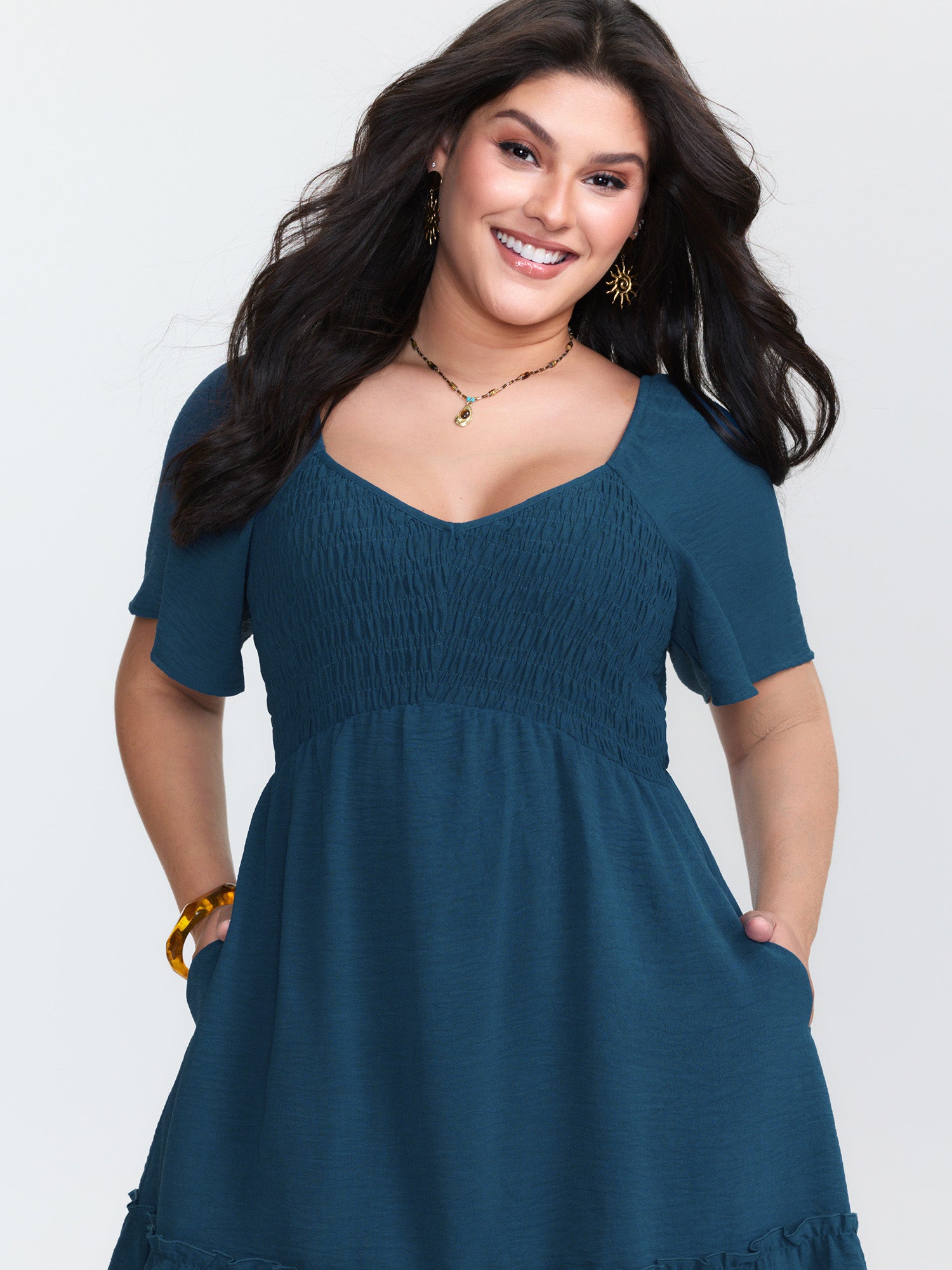 Shirred Bodice Ruffle Hem Flowy Mini Dress