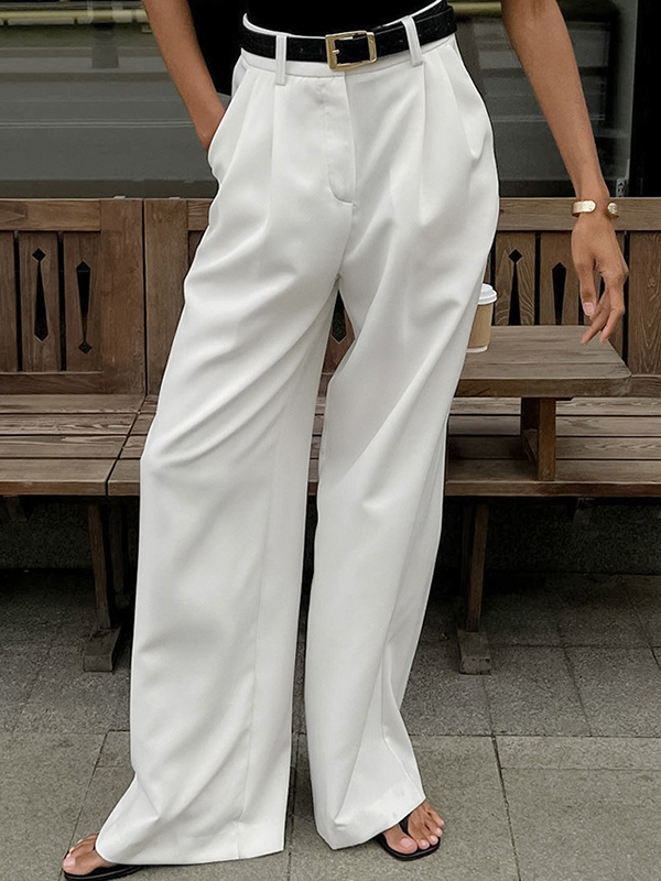 No Belt Pleated Pockets Solid Color High Waisted Loose Trousers Suit Pants