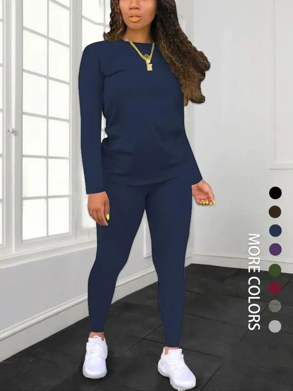 Women's Minimalist Chic Solid Long Sleeve Tee & Elastic Waist Pants Set