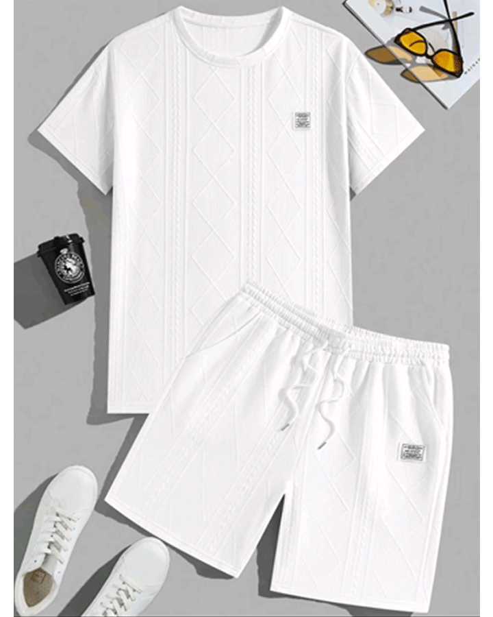 Men’s Textured Summer Two-Piece Set – Short Sleeve Tee & Drawstring Shorts