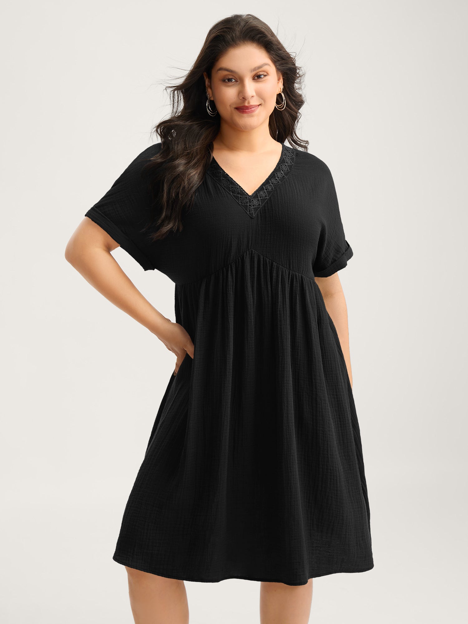 Pure Cotton Lace V-Neck Solid Mini Dress