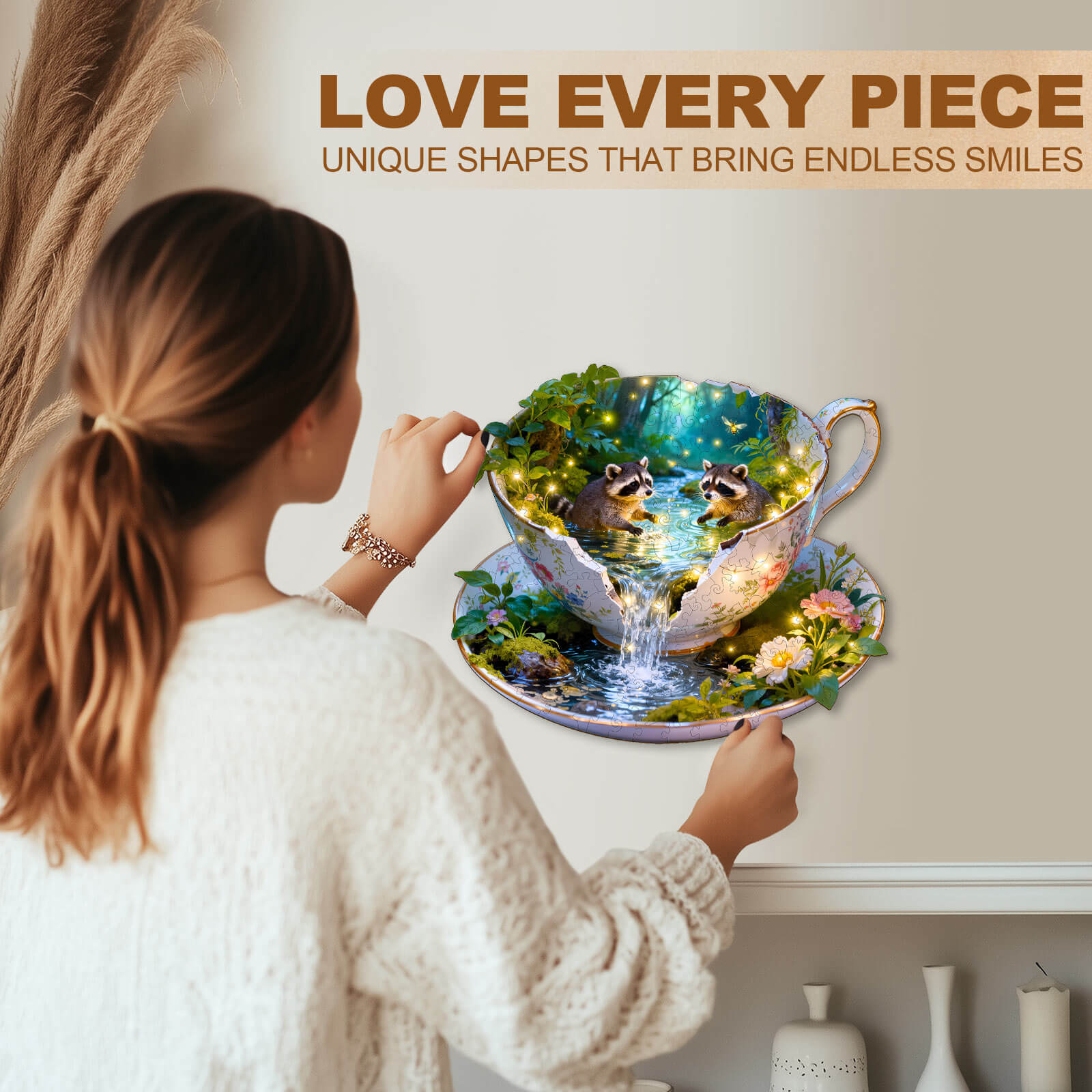 Raccoons Playing Wooden Jigsaw Puzzle