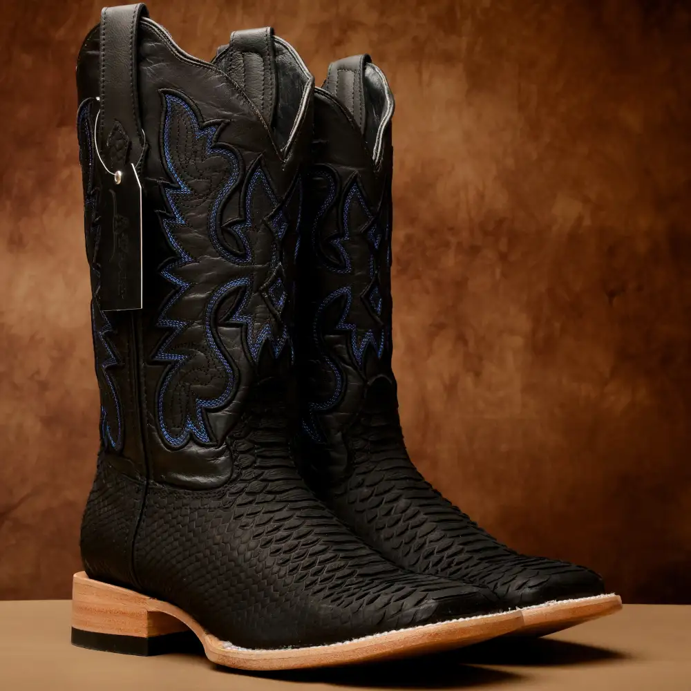 Matte Black Python Leather Boots - Square Toe
