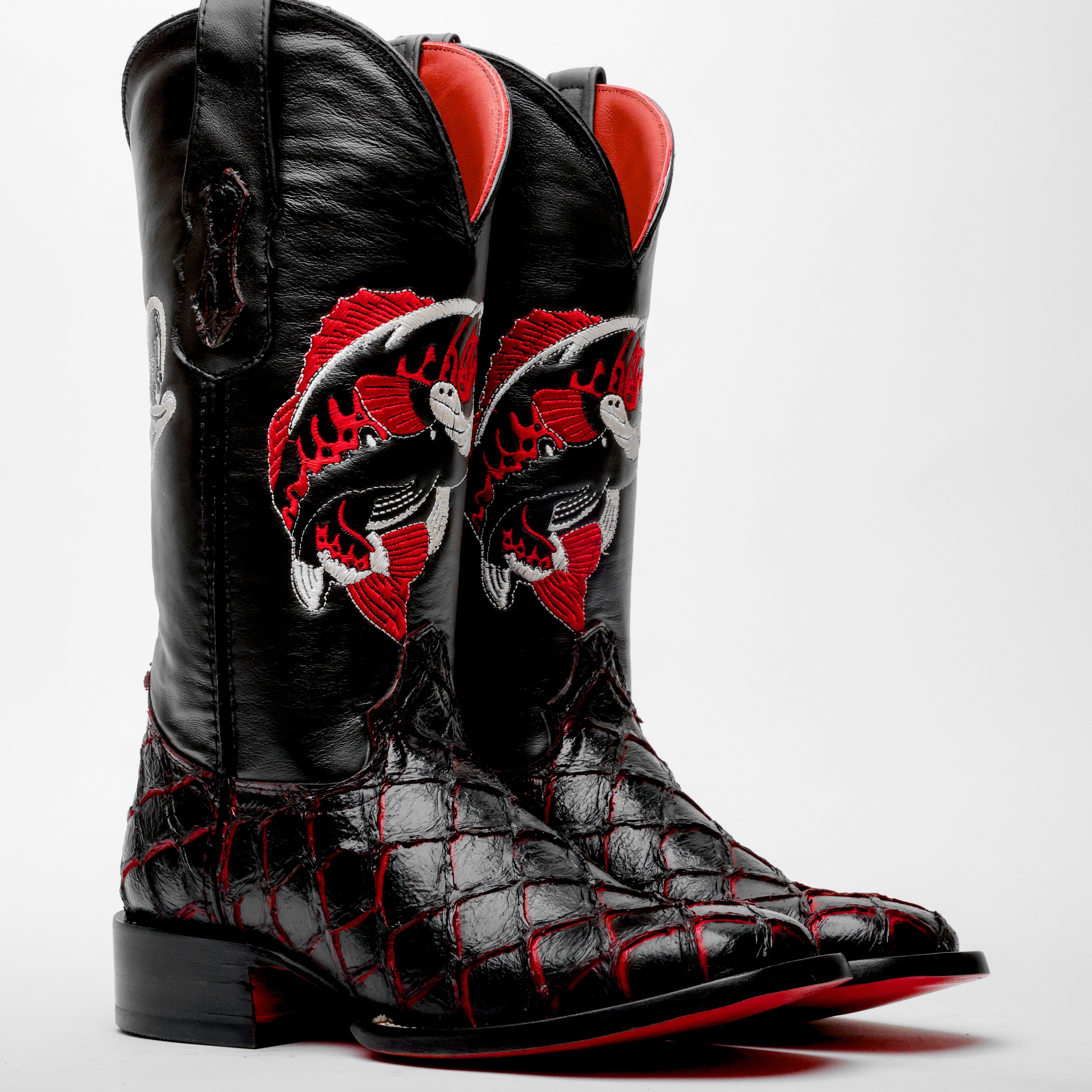 Black Cherry Pirarucu Leather Boots - Square Toe