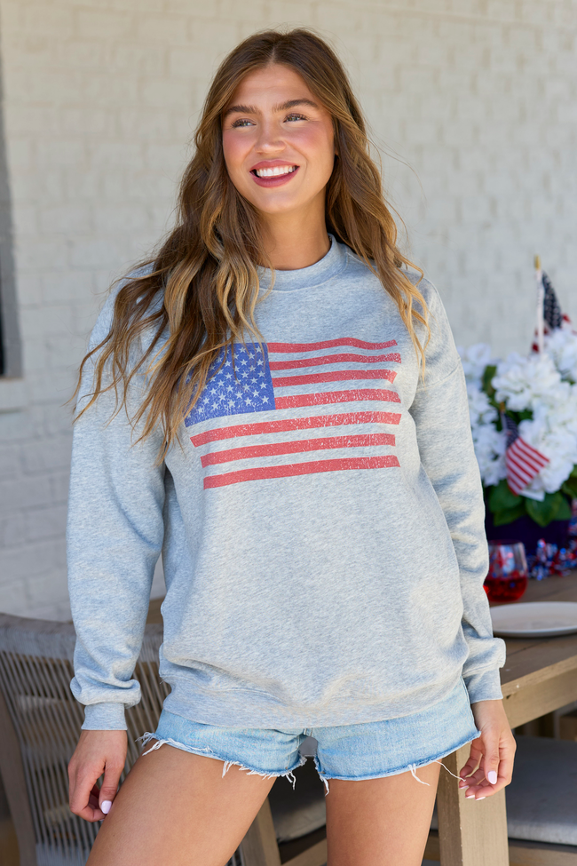 Distressed Flag Light Grey Graphic Sweatshirt